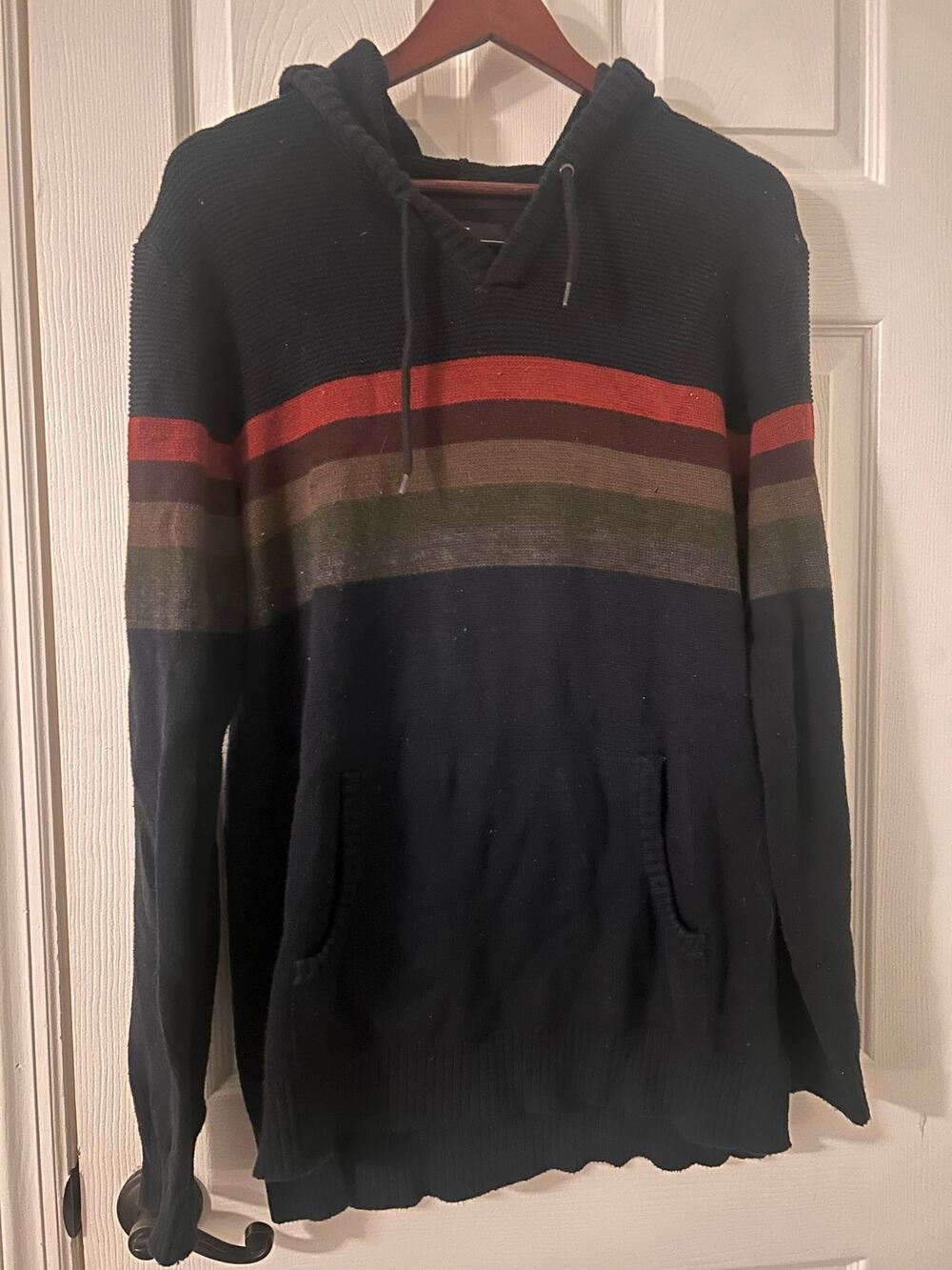 Commerce Remy Striped Henley Hoodie Sweater Navy Blue Knit Gorpcore Boho Large